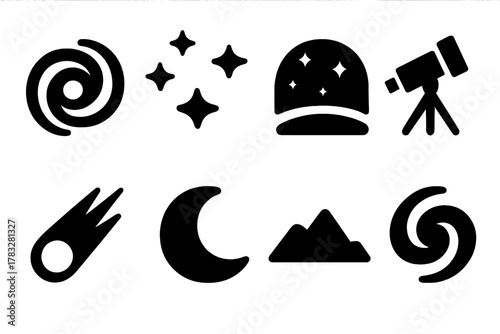 Milky Way Icons. Milky Way. Filled icon set of Milky Way: galaxy spiral, stars cluster, night sky horizon,