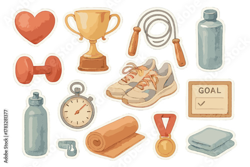 Watercolor Fitness Stickers. Personal Growth. Realistic hand-painted watercolor style sticker sheet of