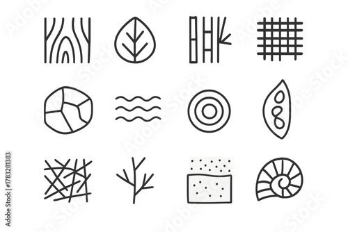 Eco Texture Icons. Eco textures and materials. Line outline icon set of eco textures and materials: wood grain