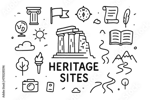 Heritage Sites Doodle. Heritage Sites. Hand-drawn doodle illustration of Heritage Sites. In the middle, one