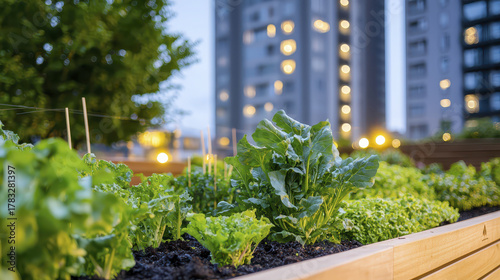 Urban garden with fresh greens growing in raised beds, surrounded by city buildings, creating serene atmosphere