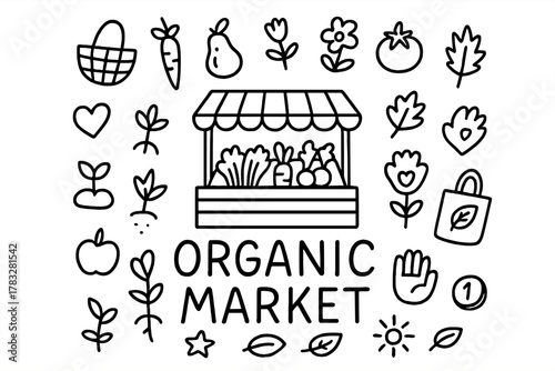 Organic Market Doodle. Organic Market. Hand-drawn doodle illustration of Organic Market. In the middle, one