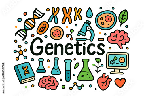 Genetics Study Doodle. Genetics study. Hand-drawn doodle illustration of a genetics study. DNA strand,