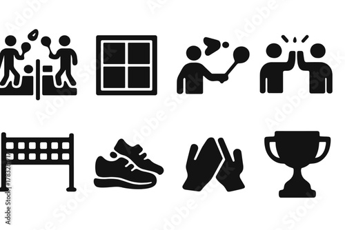 Doubles Match Icons. Doubles Match. Filled icon set of Doubles Match: two players on each side, shuttle in