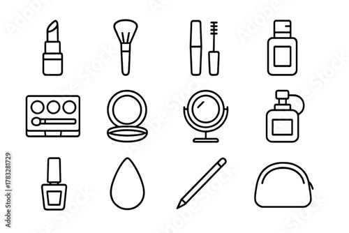 Cosmetic Line Icons. Cosmetics essentials. Line outline icon set of cosmetics essentials: lipstick, brush,
