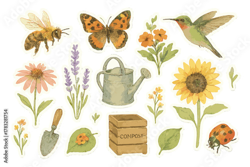 Pollinator Garden Stickers. Pollinator Haven. Realistic hand-painted watercolor style sticker sheet of a