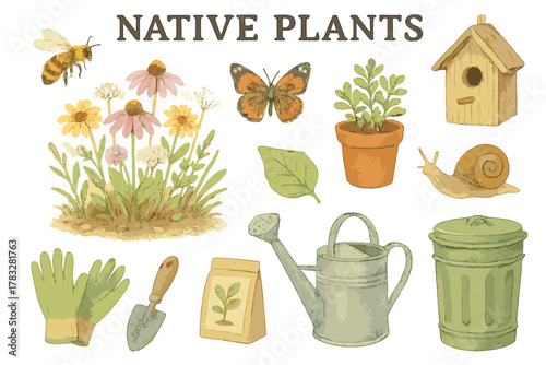 Biodiversity Garden Stickers. Native Plants. Realistic hand-painted watercolor style sticker sheet of native