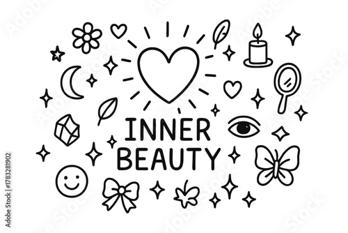 Inner Beauty Doodle. Inner Beauty. Hand-drawn doodle illustration of Inner Beauty. In the middle, one slightly