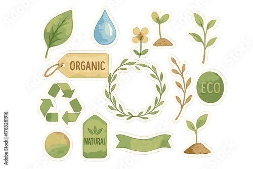 Watercolor Eco Sticker Sheet. Eco Trend. Realistic hand-painted watercolor style sticker sheet of eco trend
