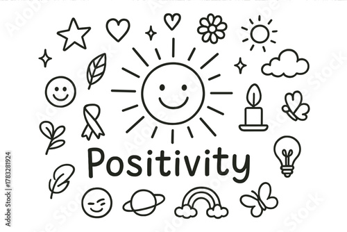 Doodle Positivity Icons. Positivity. Hand-drawn doodle illustration of Positivity. In the middle, one slightly