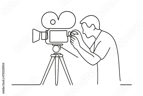 Film Camera Line Art. Focus Adjustment. Minimalistic one-line drawing camera operator adjusting lens on tripod