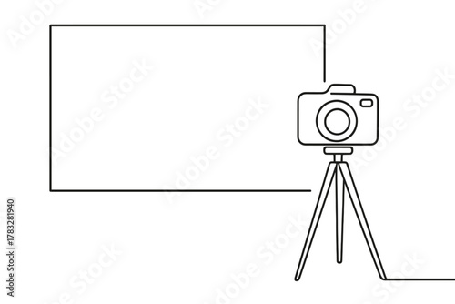 Minimalist Camera Outline. Framing the Shot. Minimalistic one-line drawing tripod camera facing rectangular