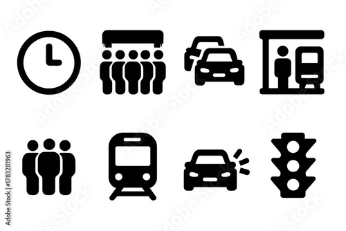 Rush Hour Icons. Rush Hour. Filled icon set of Rush Hour: clock, crowded street, line of cars, bus stop,