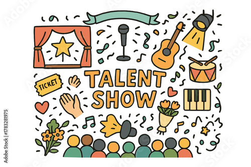 Colorful Talent Stage. Talent show. Hand-drawn doodle illustration of a talent show. Stage, curtain, star,