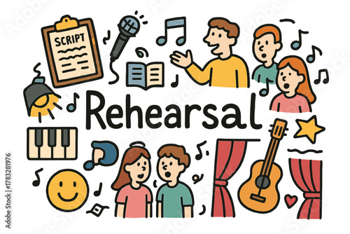 Musical Rehearsal Doodle. Musical rehearsal. Hand-drawn doodle illustration of musical rehearsal. Script,