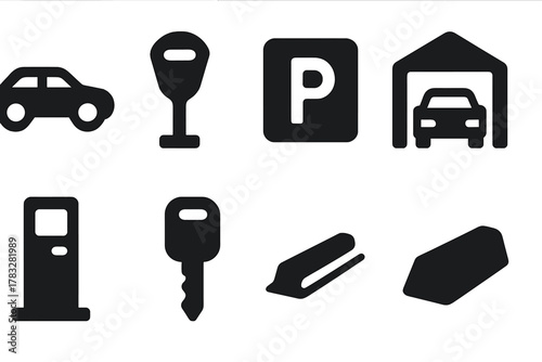 Parking Icon Set. Parking. Filled icon set of Parking: parked car, parking meter, sign with P, garage, ticket