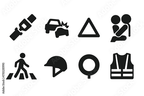 Traffic Safety Icons. Traffic Safety. Filled icon set of Traffic Safety: seatbelt, car crash symbol, warning