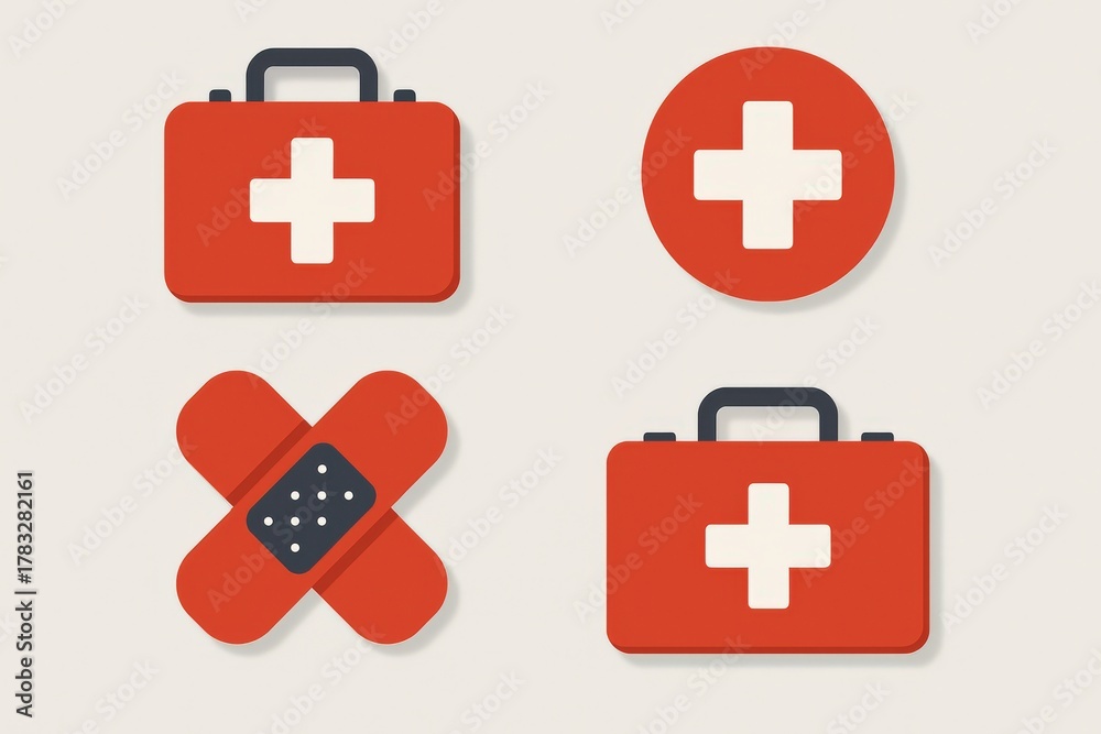 Fototapeta premium Red medical first aid symbols featuring a first aid kit and bandage illustrating health safety emergency preparedness and emergency response essentials captured with clarity