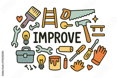 DIY Tools Collage. Home improvement. Hand-drawn doodle illustration of home improvement. Paintbrush, ladder,