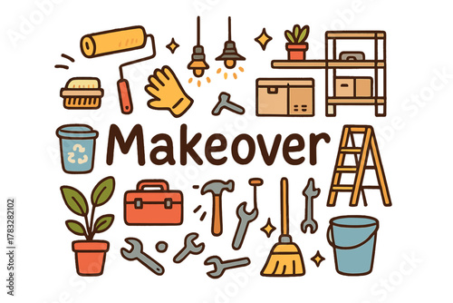 Garage Makeover Doodle. Garage makeover. Hand-drawn doodle illustration of a garage makeover. Paint roller,