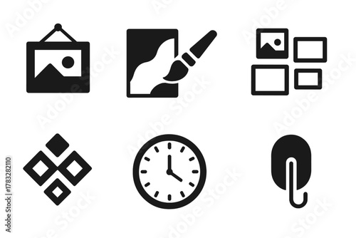 Wall Art Icons. Wall Art Ideas. Filled icon set of Wall Art Ideas: hanging frame, abstract art, canvas brush,