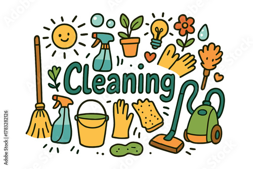 Spring Cleaning Doodle. Spring cleaning. Hand-drawn doodle illustration of spring cleaning. Broom, mop, spray