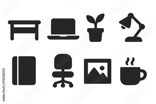 Workspace Makeover Icons. Workspace Makeover. Filled icon set of Workspace Makeover: desk, laptop, plant, lamp