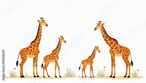 Cartoon illustration of giraffes family in savanna. Animals stand on grass isolated on white background. Giraffes have long necks spotted skin. Cute giraffe visual design.