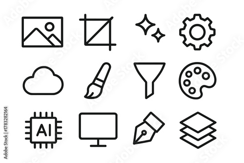 AI Icon Set. AI image editing. Line outline icon set of AI image editing: photo frame, crop tool, sparkle,