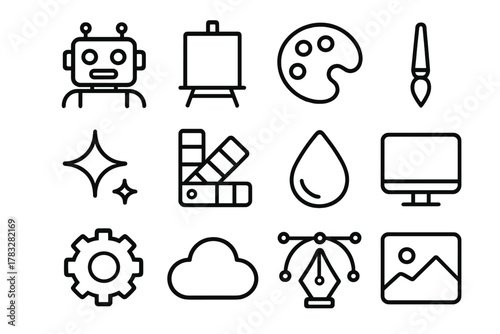 AI Art Icons. AI art generation. Line outline icon set of AI art generation: robot artist, canvas, palette,