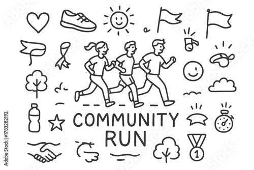 Community Run Doodle. Community Run. Hand-drawn doodle illustration of Community Run. In the middle, one