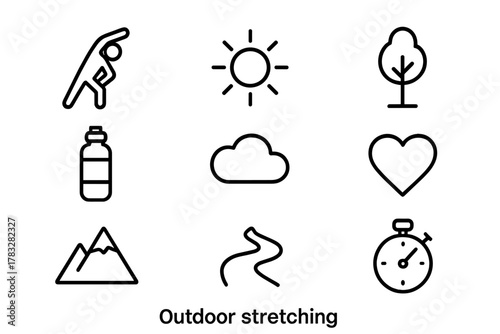 Outdoor Stretching Icons. Outdoor stretching. Line outline icon set of outdoor stretching: stretching figure,