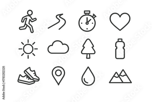 Outdoor Cardio Icons. Outdoor cardio. Line outline icon set of outdoor cardio: runner, path, stopwatch, heart,