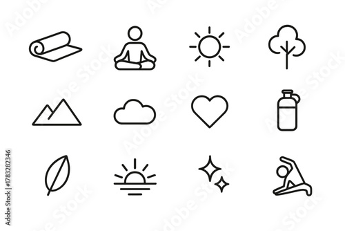 Outdoor Yoga Icons. Outdoor yoga. Line outline icon set of outdoor yoga: yoga mat, lotus pose, sun, tree,