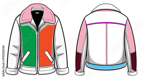 CAD drawing flat vector illustration of stylish shearling collar winter jacket featuring zip front, cozy cuffs, and pocket details for apparel design and fashion technical sketches.