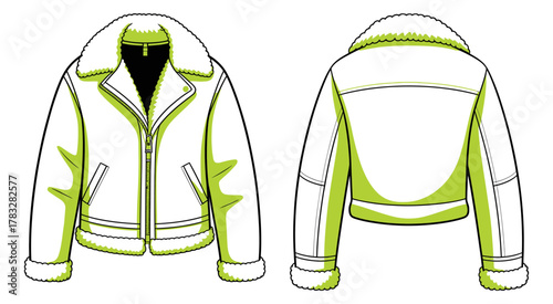 CAD drawing flat vector illustration of stylish shearling collar winter jacket featuring zip front, cozy cuffs, and pocket details for apparel design and fashion technical sketches.