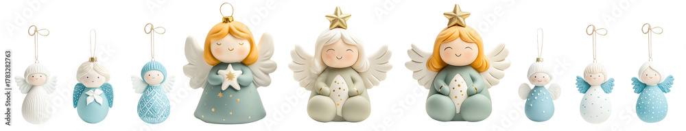 Obraz premium A charming angel figurine with blue accents, isolated on white background, representing Christmas joy and innocence.