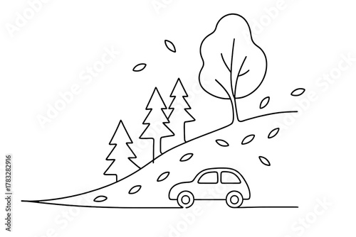 Minimalist Fall Drive. Fall Journey. Minimalistic one-line drawing car driving along forested hillside with