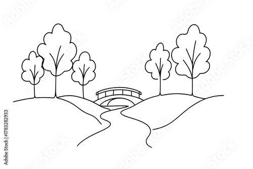 Minimalist Bridge Design. Rustic Route. Minimalistic one-line drawing bridge over stream surrounded by fall
