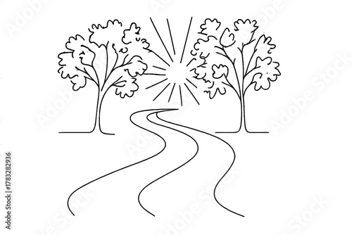 Golden Road Elegance. Golden Drive. Minimalistic one-line drawing road curving into distance with sun rays