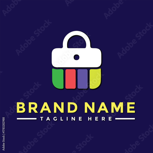 Colorful shopping bag logo with brand name and tagline on a dark blue background, representing retail and commerce