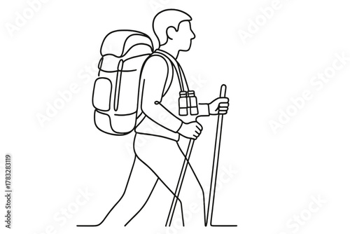 Minimalist Adventure Gear. Adventure Gear. Minimalistic one-line drawing backpack, walking stick, and