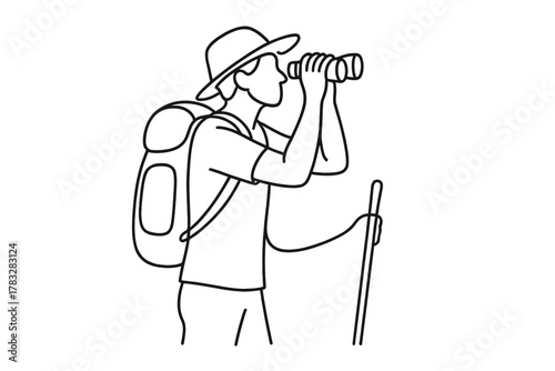 Minimalist Nature Observer. Nature Enthusiast. Minimalistic one-line drawing hiker stopping to look through