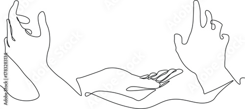 Hand gesture set single line art. Minimalist sketch of hands showing multiple gestures. Single Hand illustration 