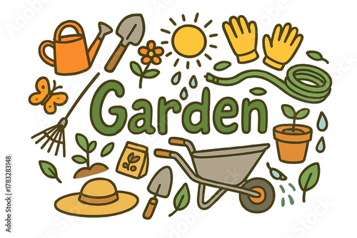 Garden Doodle Illustration. Garden maintenance. Hand-drawn doodle illustration of garden maintenance. Watering