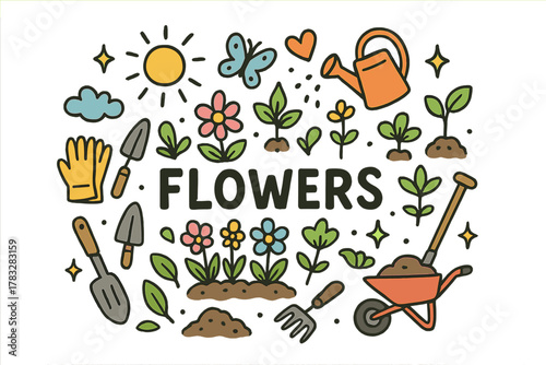 Joyful Gardening Illustration. Flower bed care. Hand-drawn doodle illustration of flower bed care. Flowers,