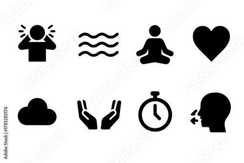 Anxiety Relief Icons. Anxiety Relief. Filled icon set of Anxiety Relief: tense figure, calming waves,
