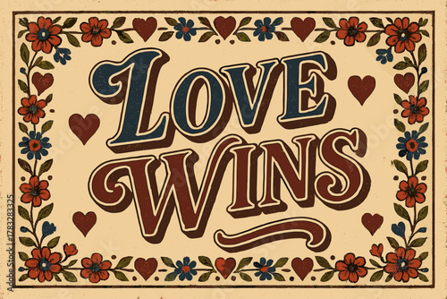 Romantic Vintage Design. “Love Wins”. vintage serif script, shadowed outlines, aged print texture, nostalgic