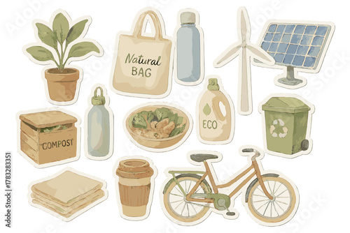 Sustainable Home Stickers. Sustainable Home. Realistic hand-painted watercolor style sticker sheet of