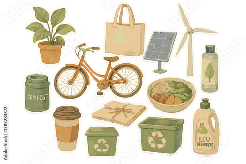 Eco Home Stickers. Eco Home Life. Realistic hand-painted watercolor style sticker sheet of eco home living: